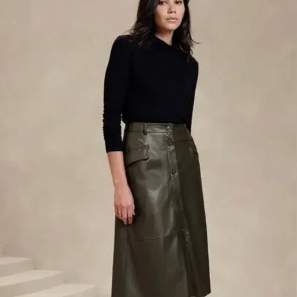 Banana Republic NWOT Black Vegan Leather Button High Waist Midi SSkirt